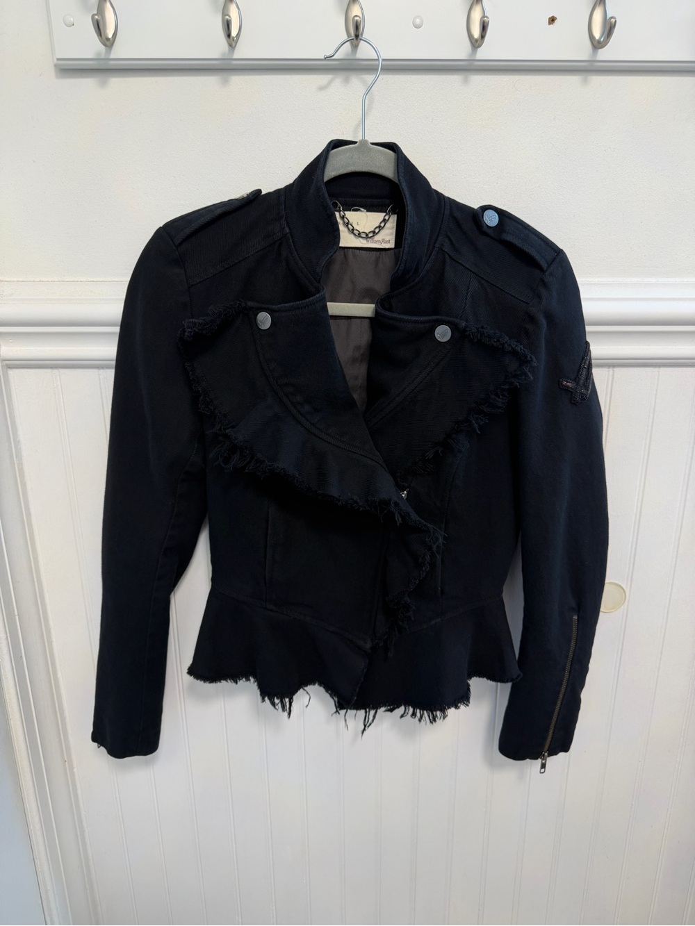 William Rast Black Frayed Military-Style Jean Jacket